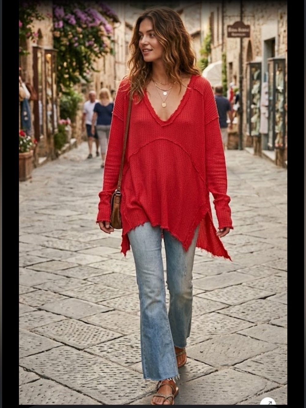 Free People Red Distressed Thermal Tunic Top